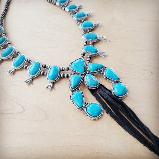 Turqu Squash Blossom Necklace w/ Long Black Tassel - Blu Lotus Boutique