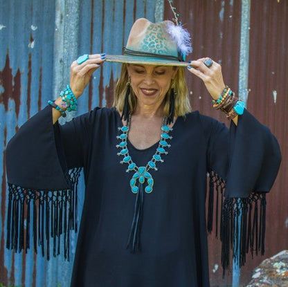 Turqu Squash Blossom Necklace w/ Long Black Tassel - Blu Lotus Boutique