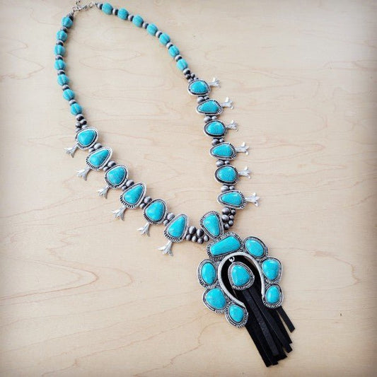 Turquoise Squash Blossom Necklace w Short Tassel - Blu Lotus Boutique