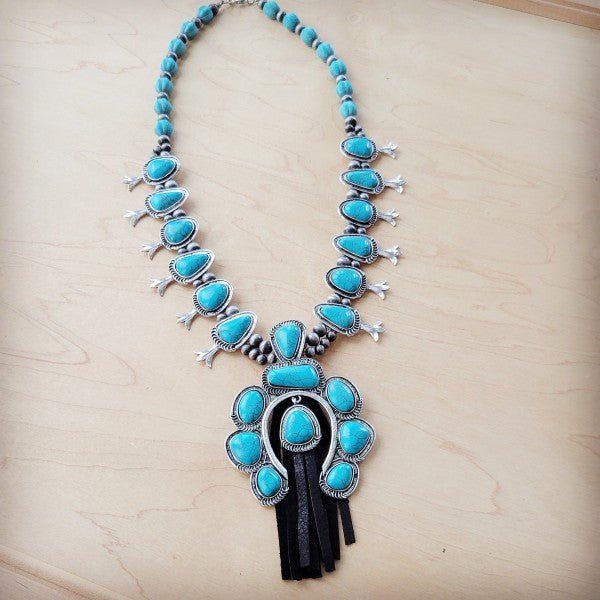 Turquoise Squash Blossom Necklace w Short Tassel - Blu Lotus Boutique