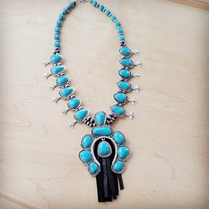 Turquoise Squash Blossom Necklace w Short Tassel - Blu Lotus Boutique