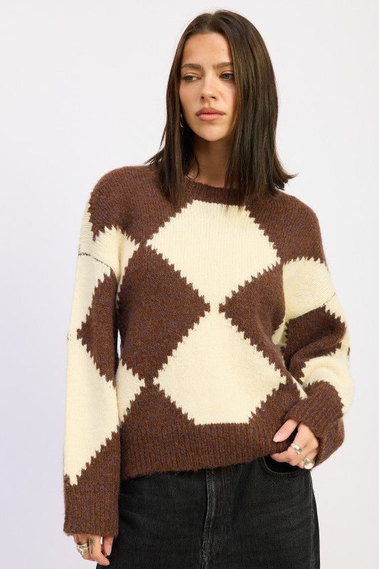 TWO TONE ARGYLE OVERSIZED SWEATER - Blu Lotus Boutique