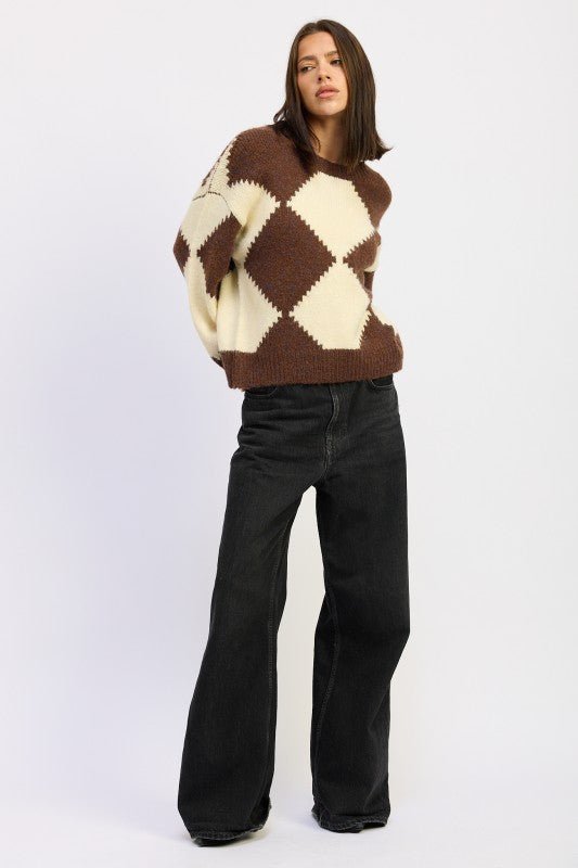 TWO TONE ARGYLE OVERSIZED SWEATER - Blu Lotus Boutique