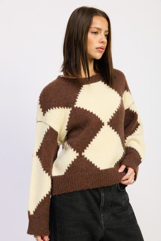 TWO TONE ARGYLE OVERSIZED SWEATER - Blu Lotus Boutique