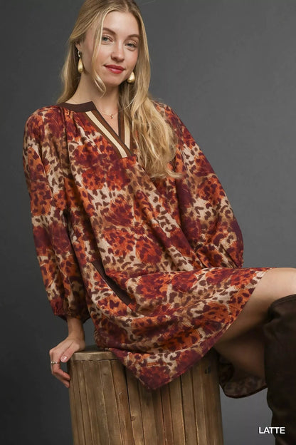 Umgee Animal Print Boho Tunic Dress with Contrast Trim Detail - Blu Lotus Boutique
