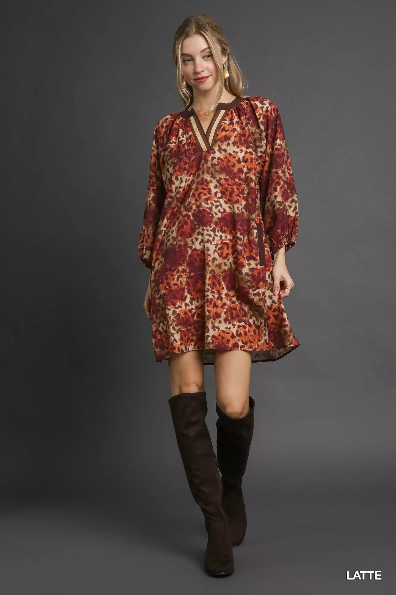Umgee Animal Print Boho Tunic Dress with Contrast Trim Detail - Blu Lotus Boutique