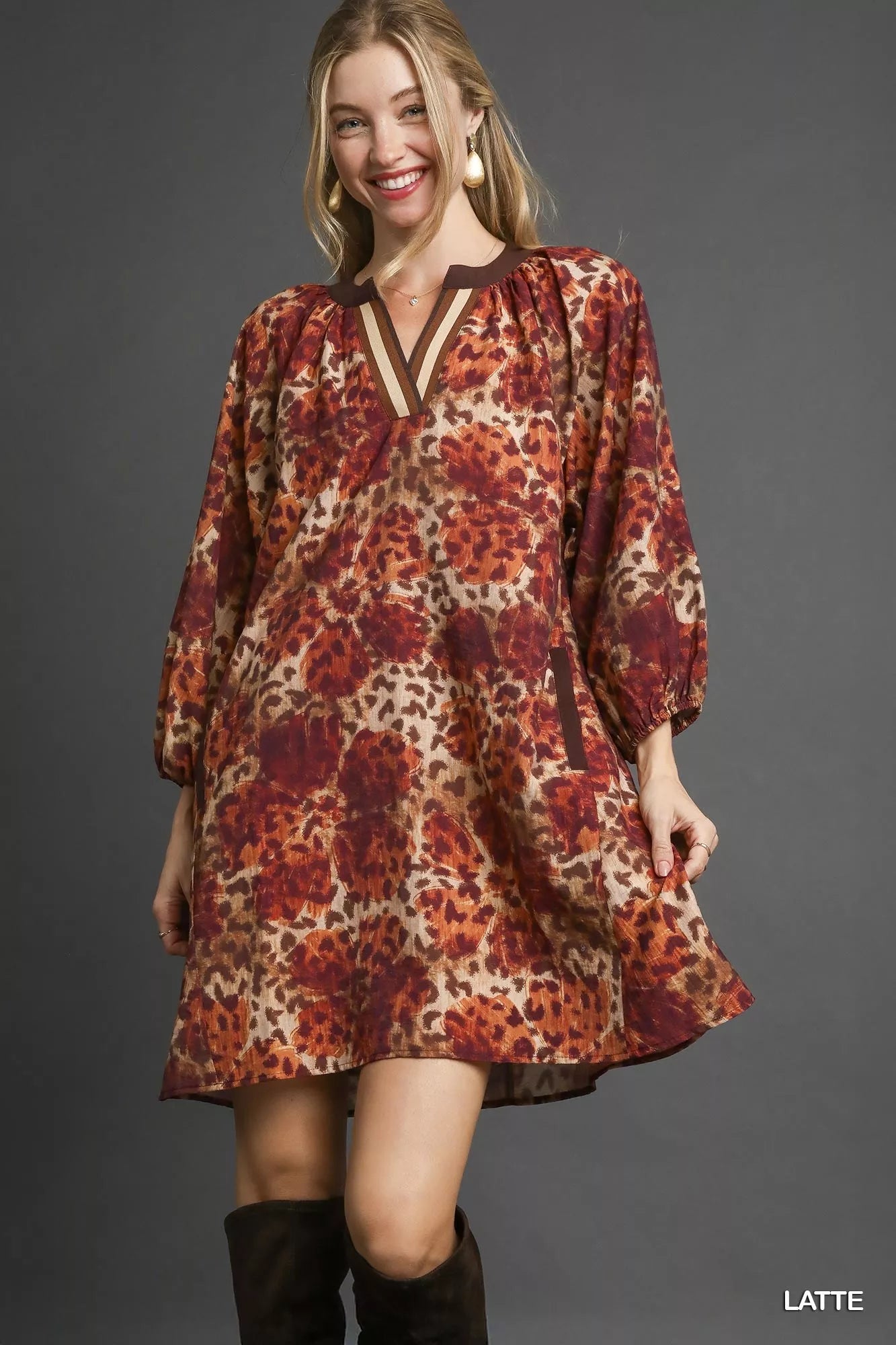 Umgee Animal Print Boho Tunic Dress with Contrast Trim Detail - Blu Lotus Boutique