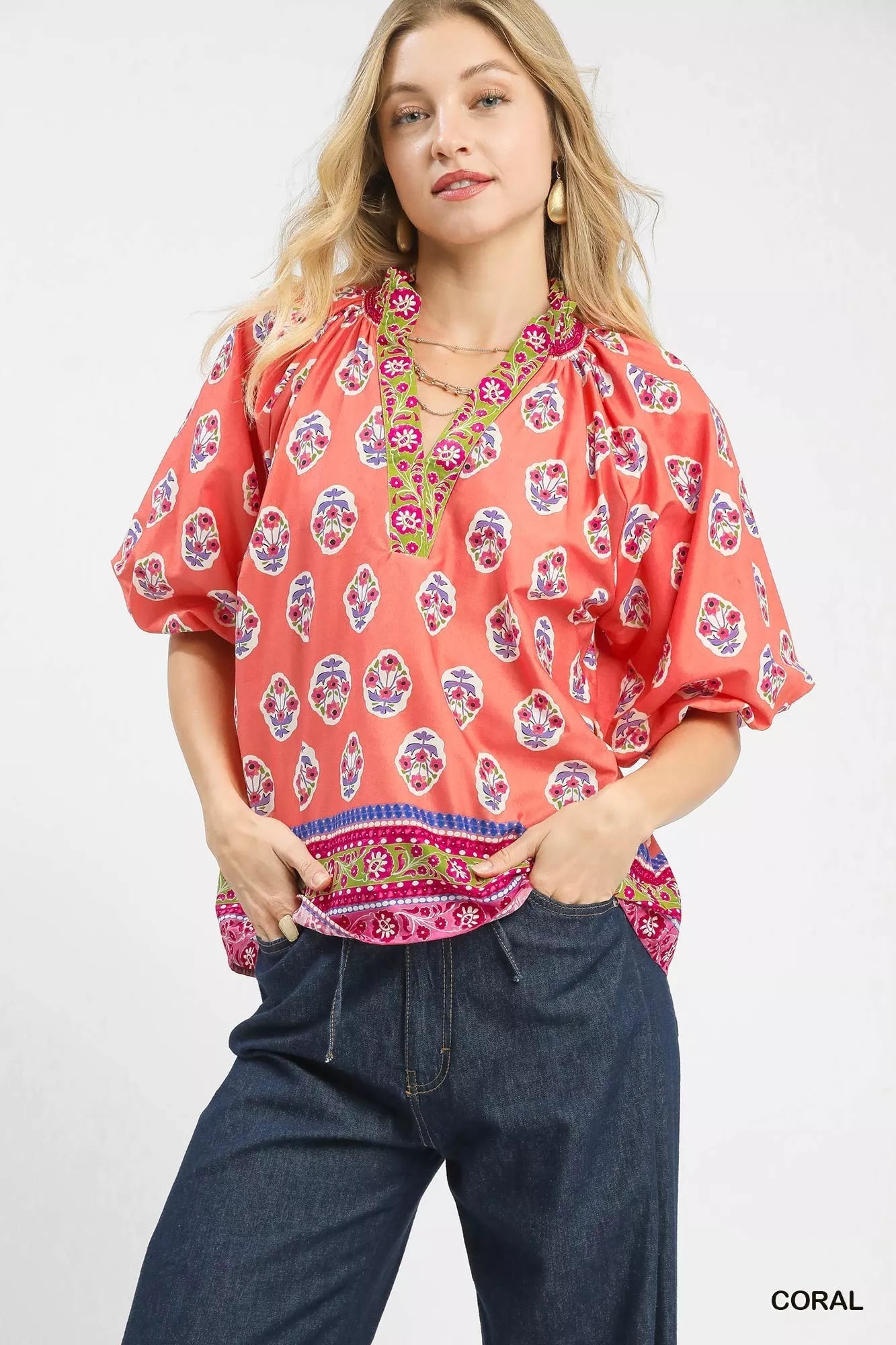 Umgee Boho Border Print Peasant Top - Blu Lotus Boutique