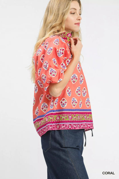 Umgee Boho Border Print Peasant Top - Blu Lotus Boutique