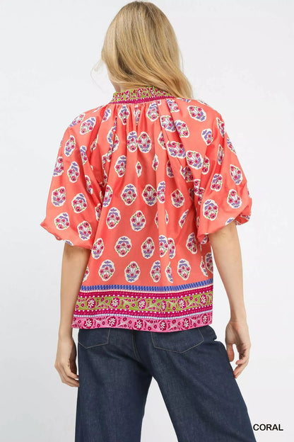 Umgee Boho Border Print Peasant Top - Blu Lotus Boutique