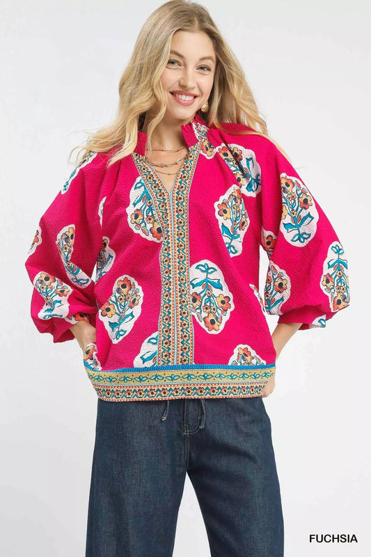 Umgee Boho Floral Print Tunic Blouse - Blu Lotus Boutique