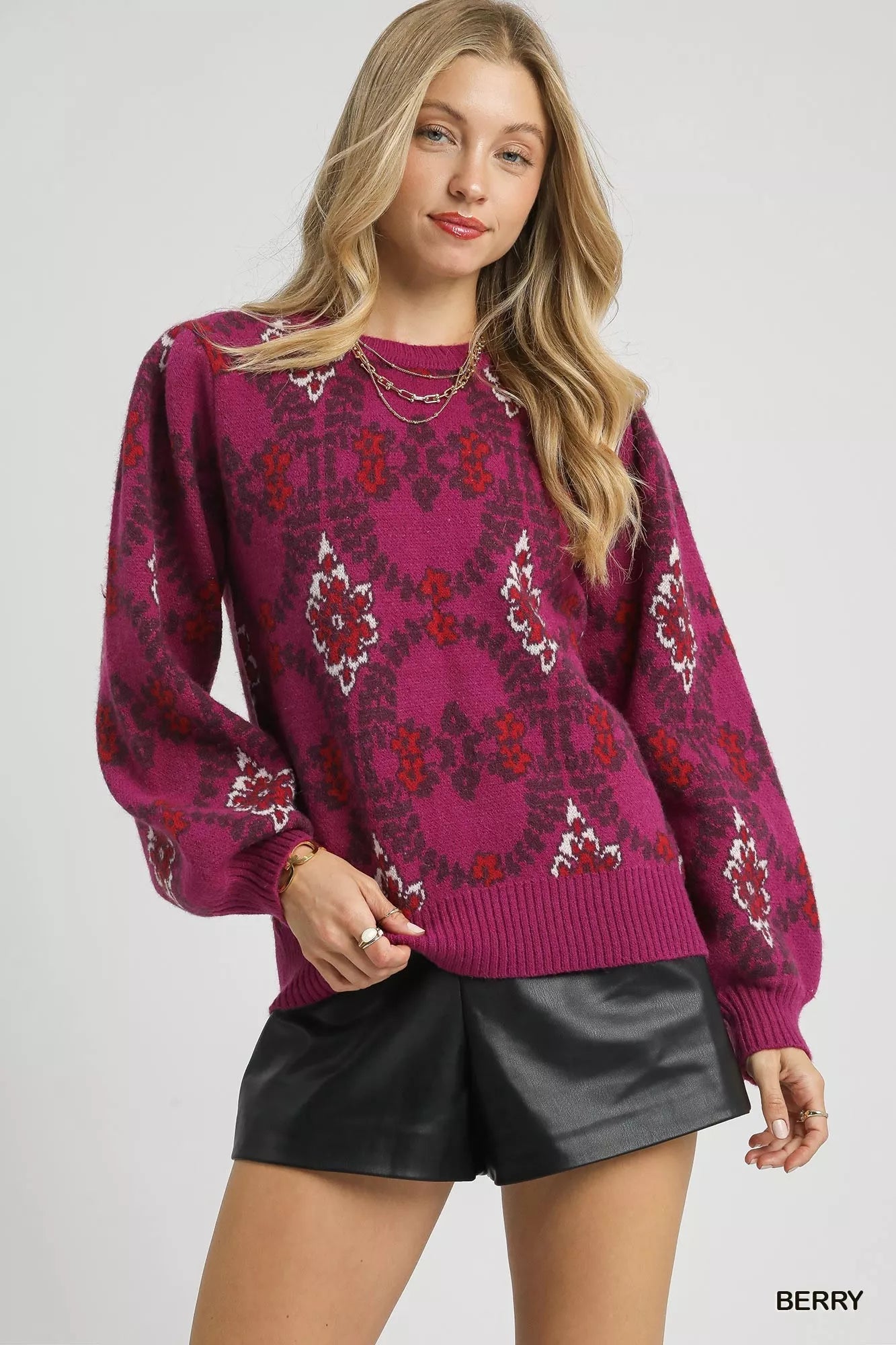 Umgee Boho Patterned Long Sleeve Sweater - Blu Lotus Boutique