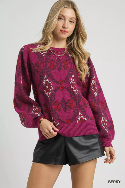 Umgee Boho Patterned Long Sleeve Sweater - Blu Lotus Boutique