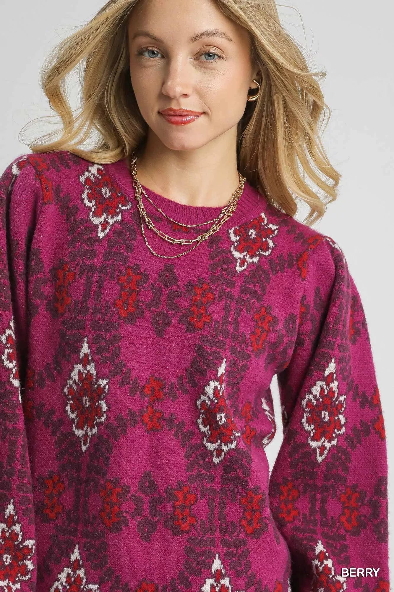 Umgee Boho Patterned Long Sleeve Sweater - Blu Lotus Boutique
