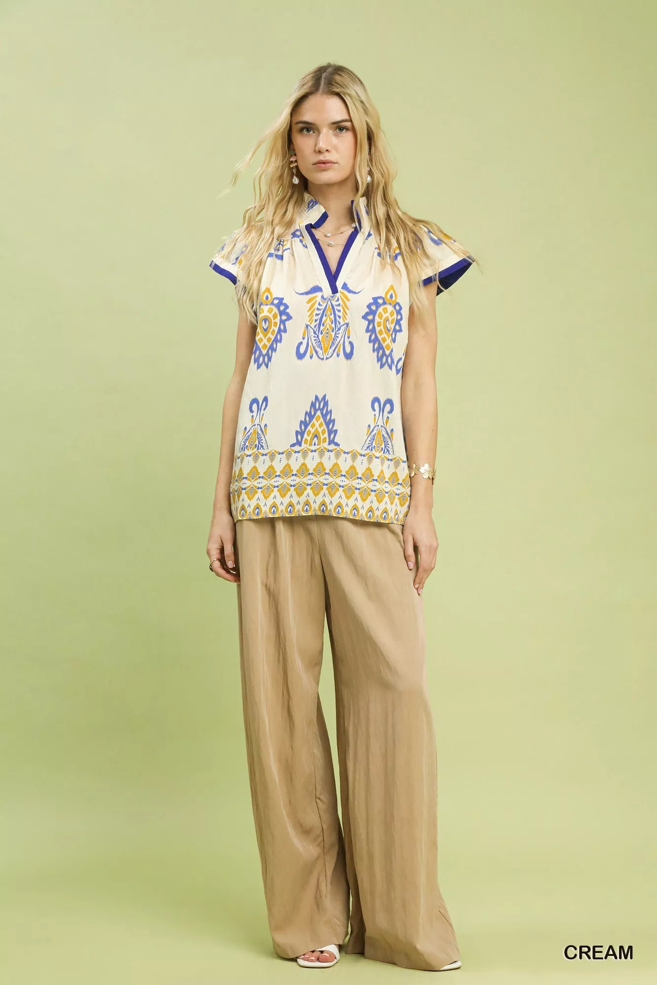 Umgee Border Print Split - Neck Boho Top - Blu Lotus Boutique