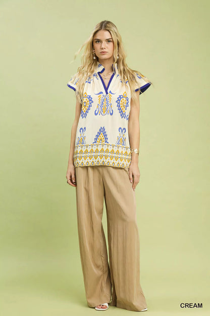 Umgee Border Print Split - Neck Boho Top - Blu Lotus Boutique