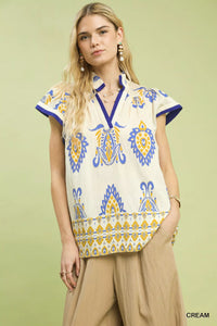 Umgee Border Print Split - Neck Boho Top - Blu Lotus Boutique
