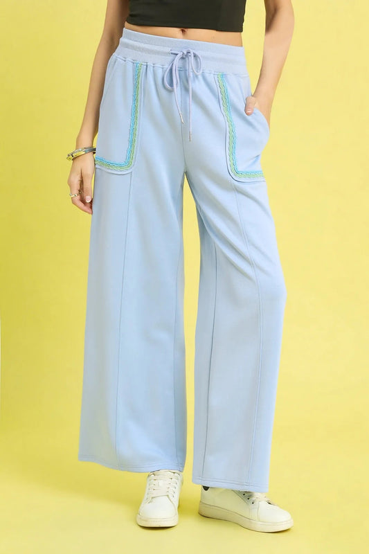 Umgee Drawstring Wide Leg Pants with Scallop Trim Detail - Blu Lotus Boutique