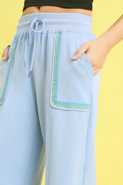 Umgee Drawstring Wide Leg Pants with Scallop Trim Detail - Blu Lotus Boutique