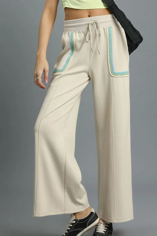 Umgee Drawstring Wide Leg Pants with Scallop Trim Detail - Blu Lotus Boutique