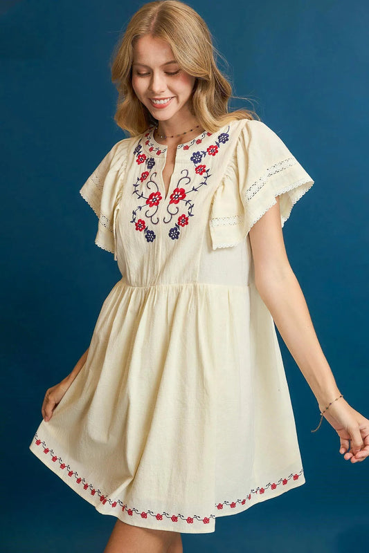 Umgee Embroidered Floral Flutter Sleeve Mini Dress - Blu Lotus Boutique