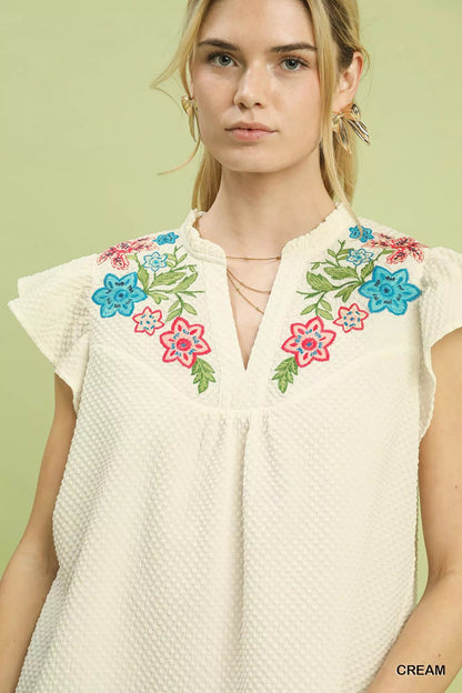 Umgee Embroidered Flutter Sleeve Blouse - Blu Lotus Boutique