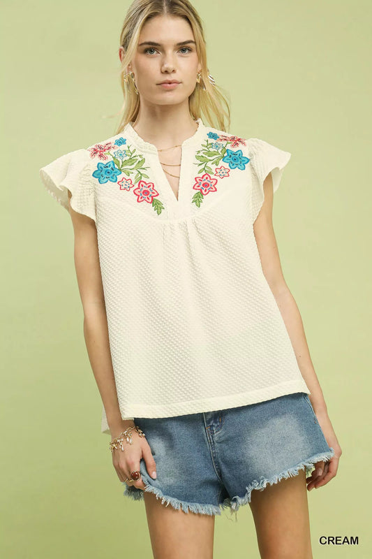 Umgee Embroidered Flutter Sleeve Blouse - Blu Lotus Boutique