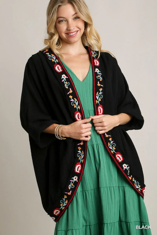 Umgee Embroidery Open Front Kimono with Pleated Shoulder Detail - Blu Lotus Boutique