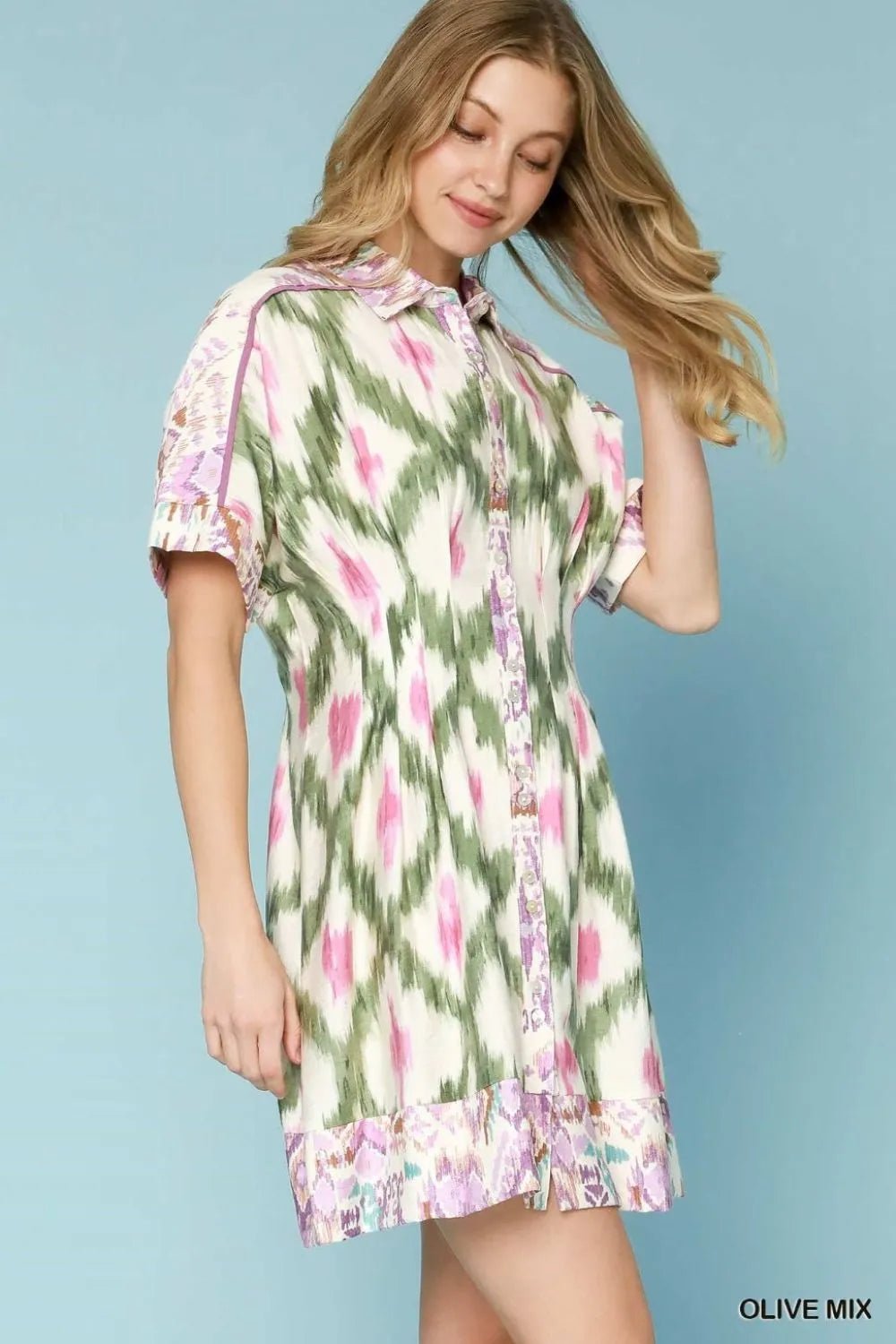 Umgee Ethnic Print Short Sleeve Mini Shirt Dress - Blu Lotus Boutique