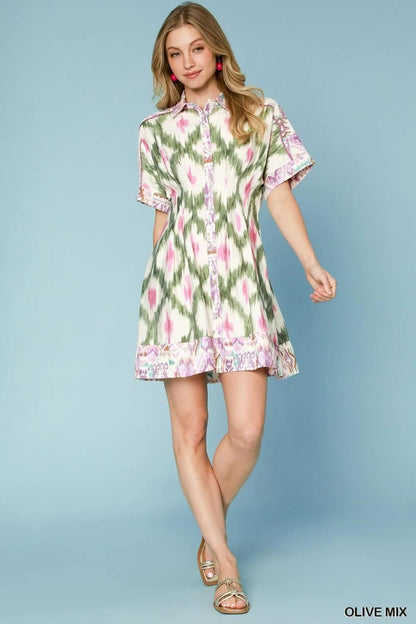 Umgee Ethnic Print Short Sleeve Mini Shirt Dress - Blu Lotus Boutique