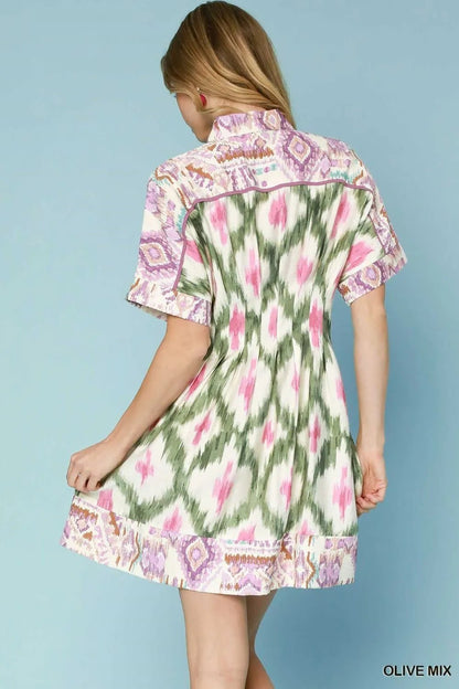Umgee Ethnic Print Short Sleeve Mini Shirt Dress - Blu Lotus Boutique