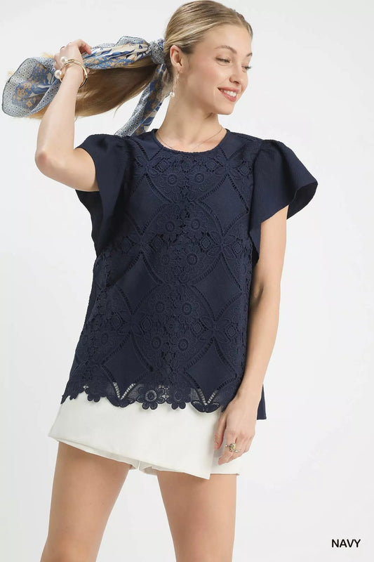 Umgee Floral Lace Overlay Flutter Sleeve Top - Blu Lotus Boutique