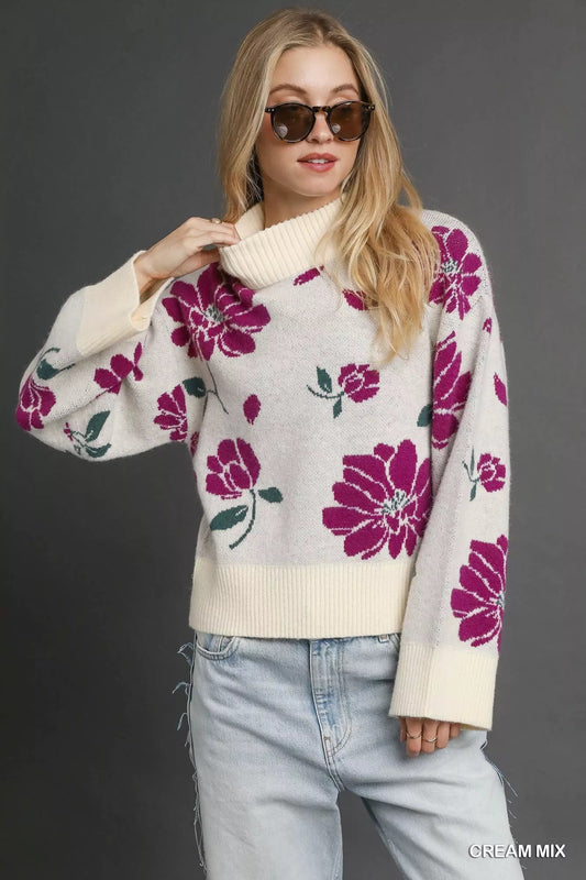 Umgee Floral Patterned Mock Neck Sweater - Blu Lotus Boutique