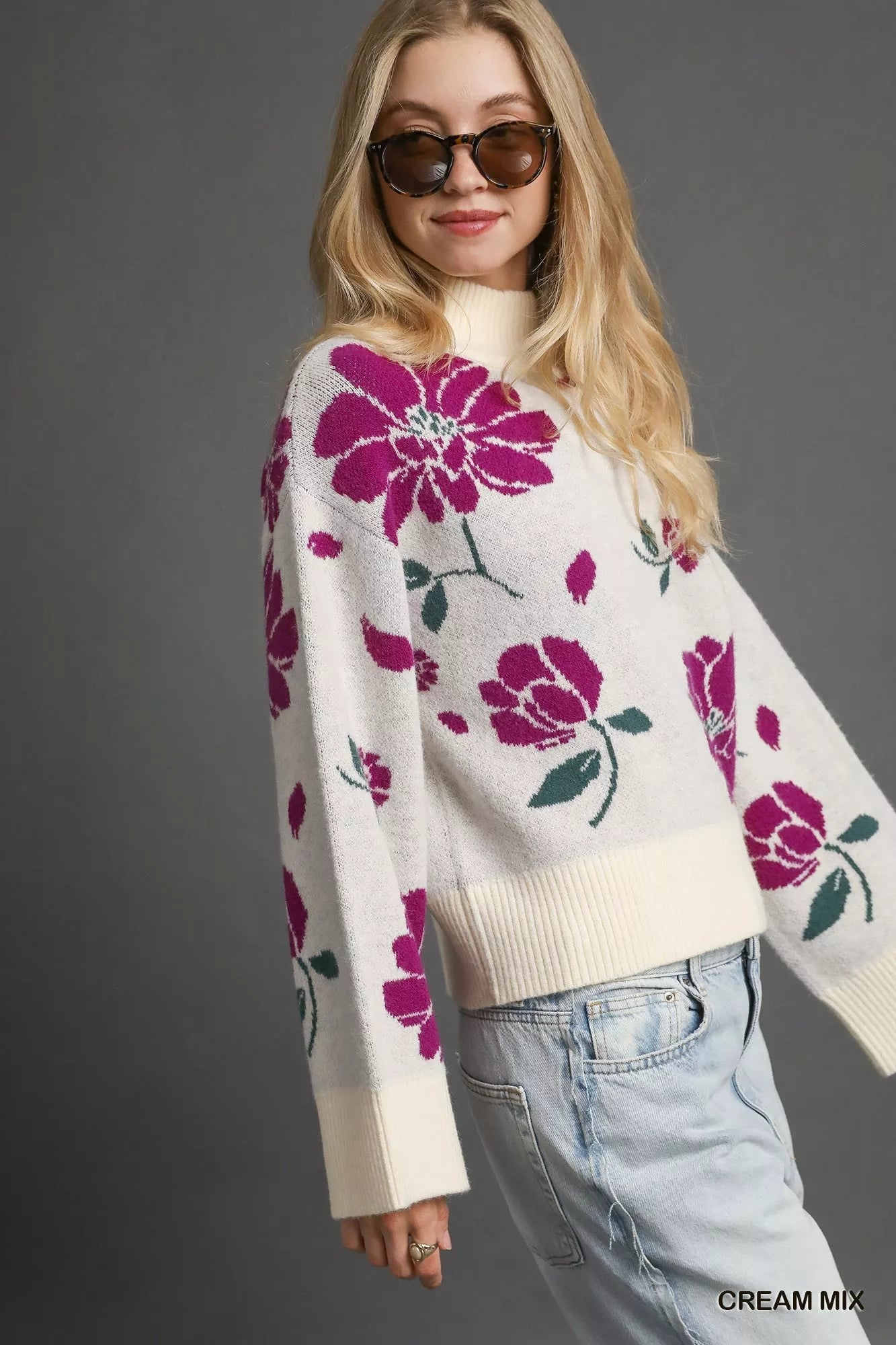 Umgee Floral Patterned Mock Neck Sweater - Blu Lotus Boutique