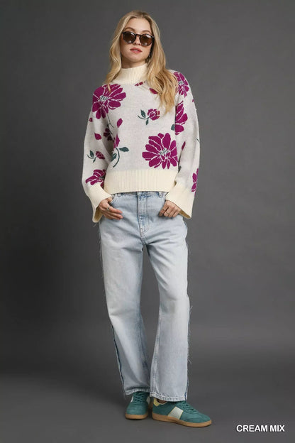 Umgee Floral Patterned Mock Neck Sweater - Blu Lotus Boutique