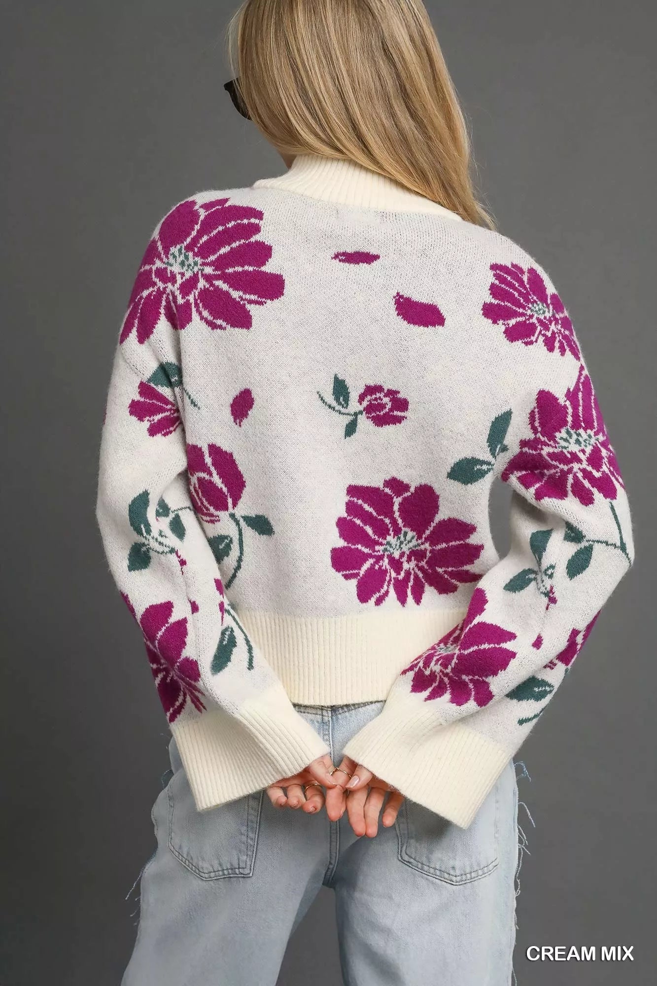 Umgee Floral Patterned Mock Neck Sweater - Blu Lotus Boutique