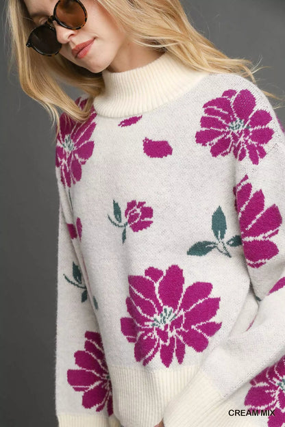Umgee Floral Patterned Mock Neck Sweater - Blu Lotus Boutique