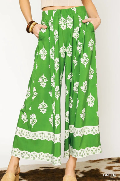 Umgee Floral Pleated Wide - Leg Pants - Blu Lotus Boutique