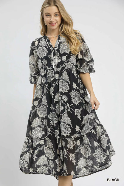Umgee Floral Print Boho Midi Dress - Blu Lotus Boutique