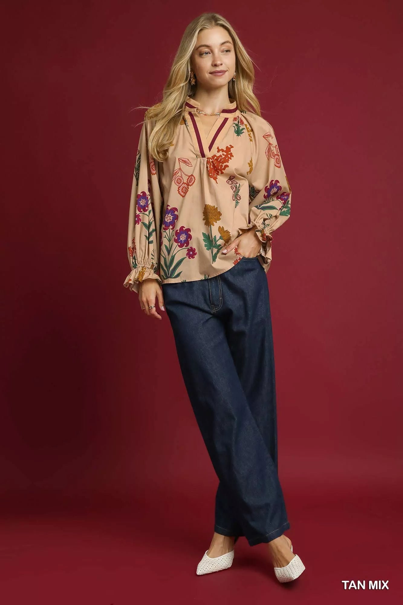 Umgee Floral Print Flounce Sleeve Blouse - Blu Lotus Boutique