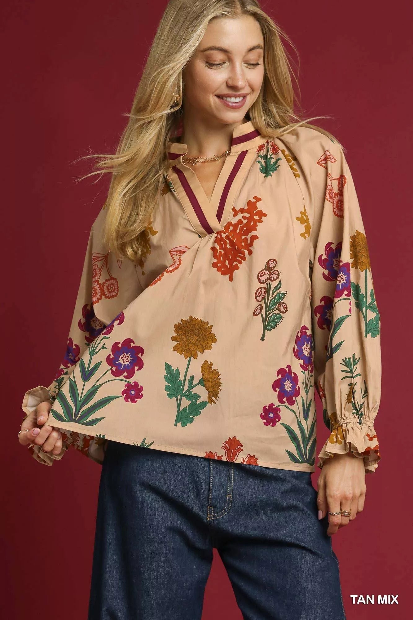 Umgee Floral Print Flounce Sleeve Blouse - Blu Lotus Boutique