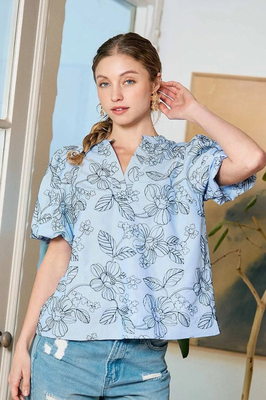 Umgee Floral Print Puff Sleeve Casual Blouse - Blu Lotus Boutique