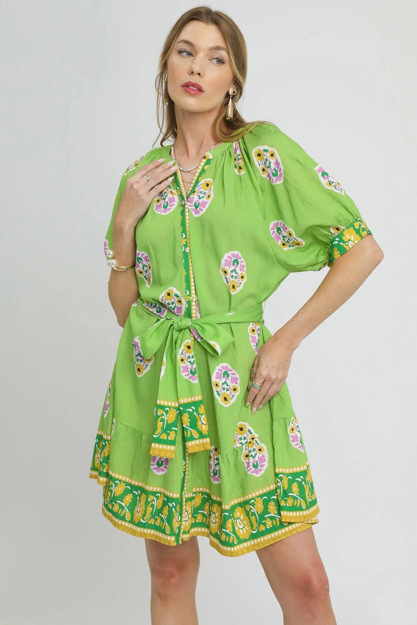 Umgee Floral Print Tie Waist Short Sleeve Dress - Blu Lotus Boutique
