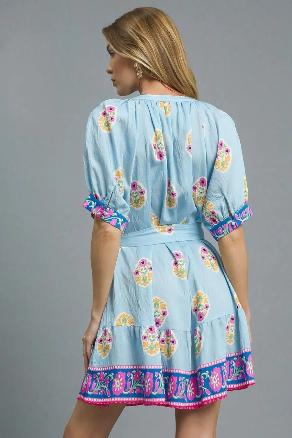 Umgee Floral Print Tie Waist Short Sleeve Dress - Blu Lotus Boutique