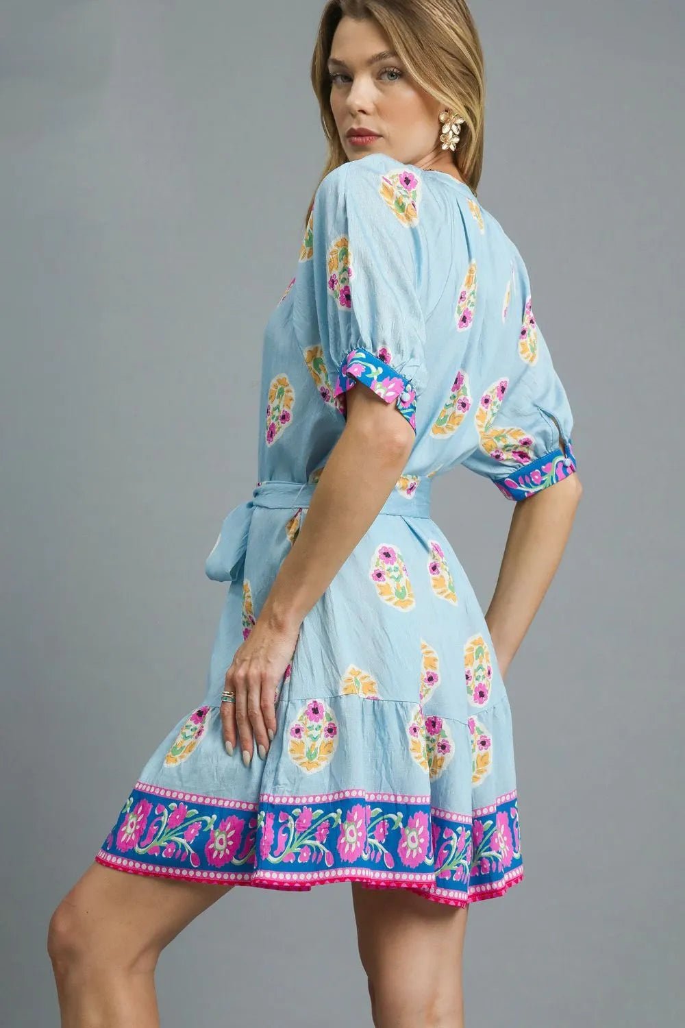 Umgee Floral Print Tie Waist Short Sleeve Dress - Blu Lotus Boutique