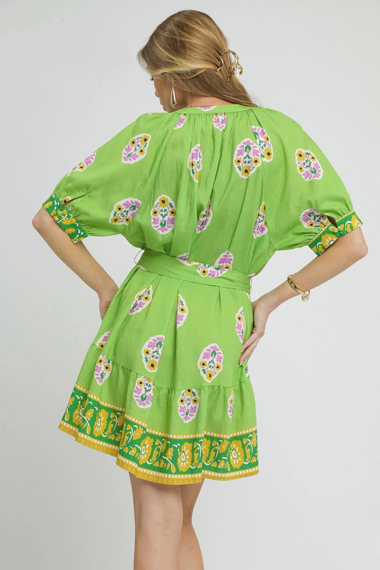 Umgee Floral Print Tie Waist Short Sleeve Dress - Blu Lotus Boutique