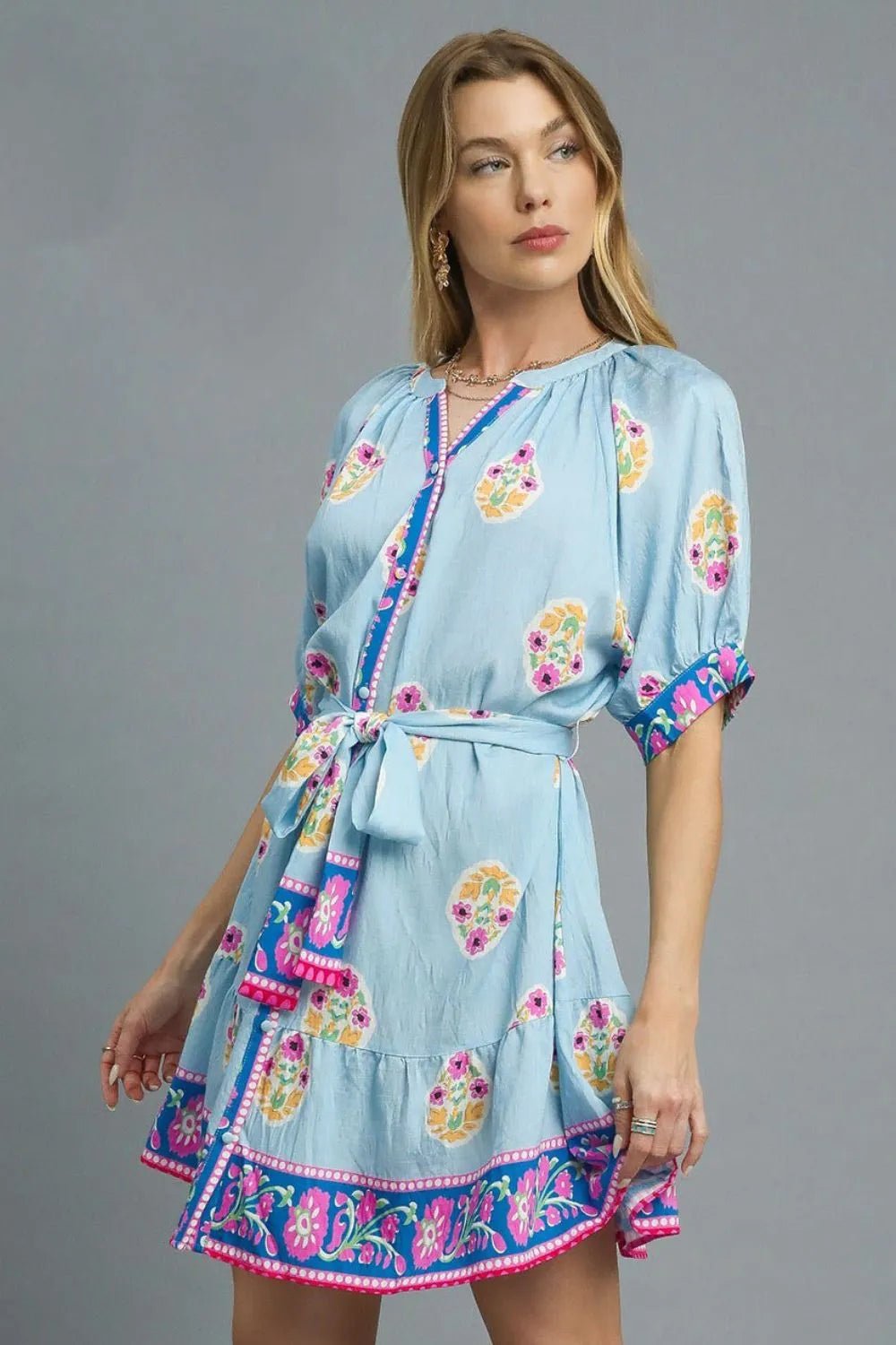 Umgee Floral Print Tie Waist Short Sleeve Dress - Blu Lotus Boutique
