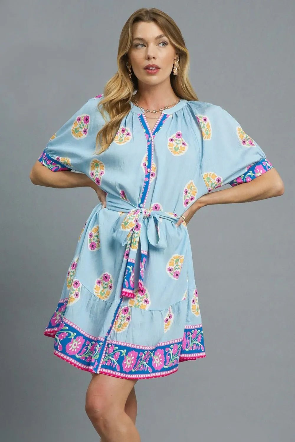 Umgee Floral Print Tie Waist Short Sleeve Dress - Blu Lotus Boutique