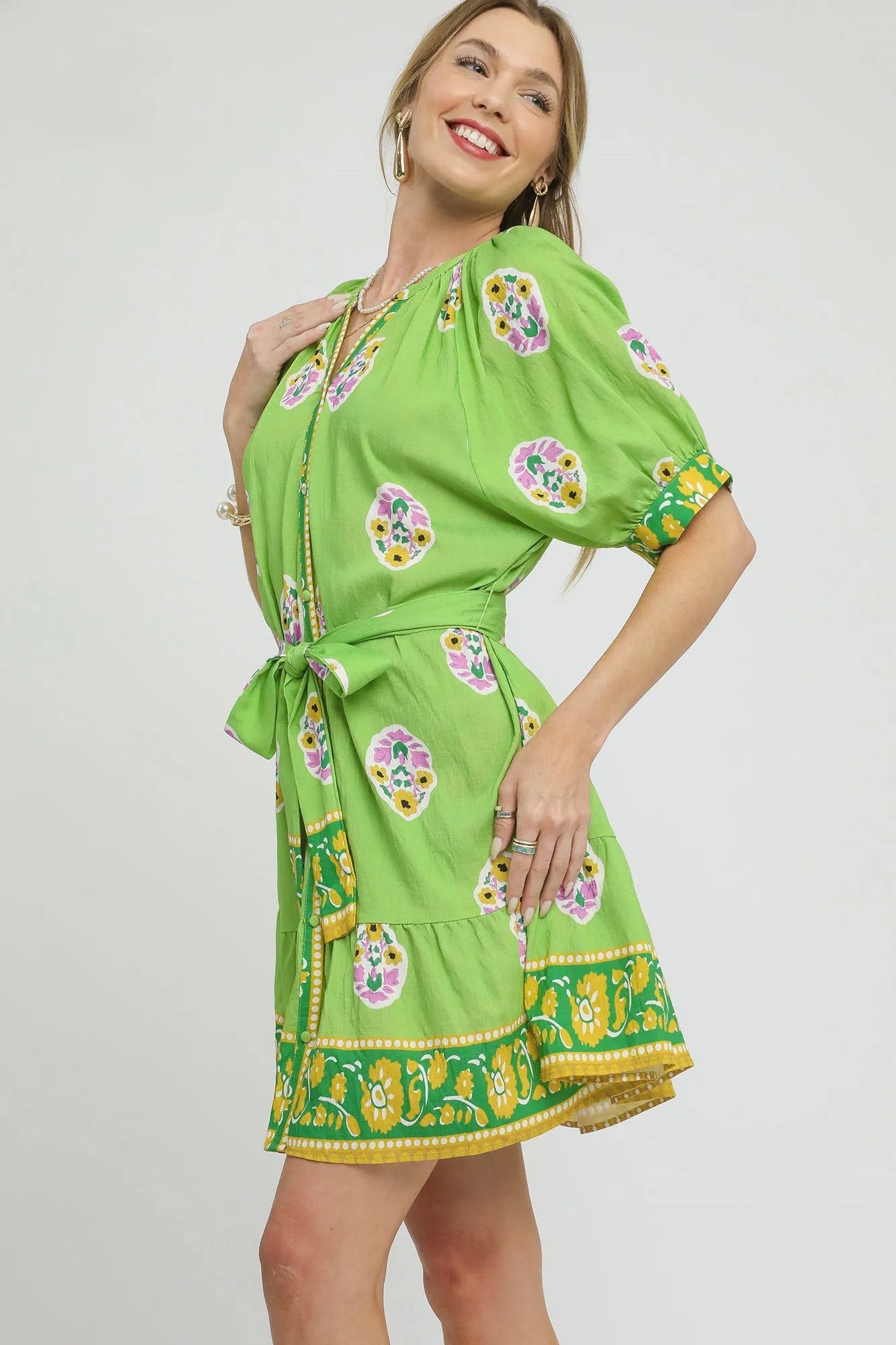 Umgee Floral Print Tie Waist Short Sleeve Dress - Blu Lotus Boutique