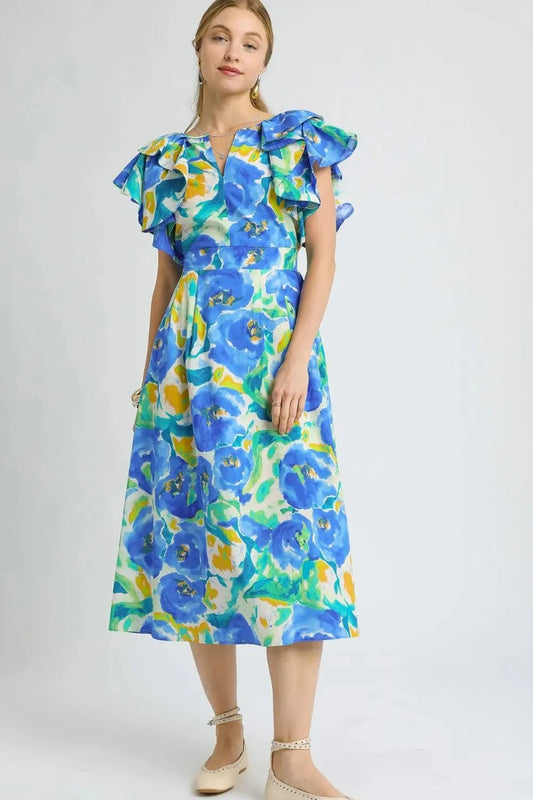 Umgee Floral Ruffled Cap Sleeve Midi Dress - Blu Lotus Boutique